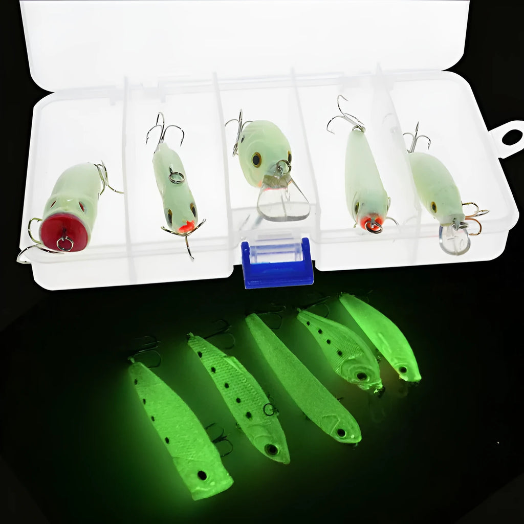 Set of five 3D fluorescent hard fishing lures with luminous finishes in assorted colours