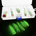 Set of five 3D fluorescent hard fishing lures with luminous finishes in assorted colours