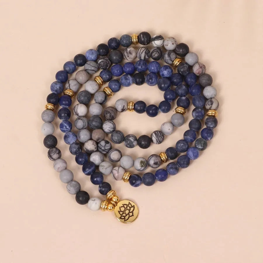 Blue patterned network stone bead multi-layer bracelet with alloy links