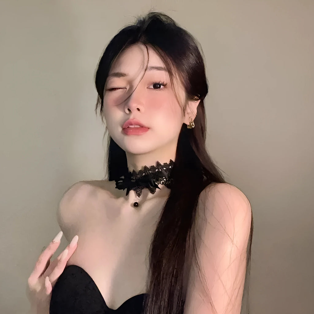 Lolita gothic bow lace choker necklace with fabric pendant and alloy chain on display