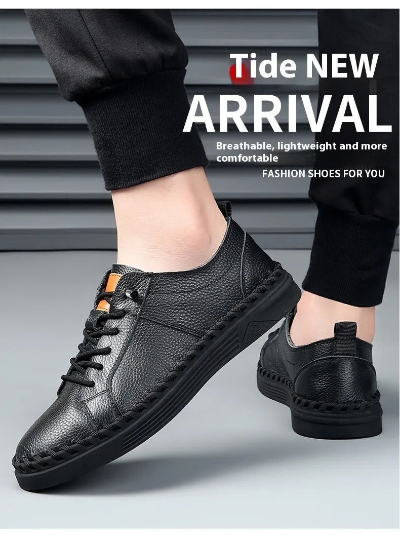 Men's beige cowhide casual sneakers with round toe and stitching details