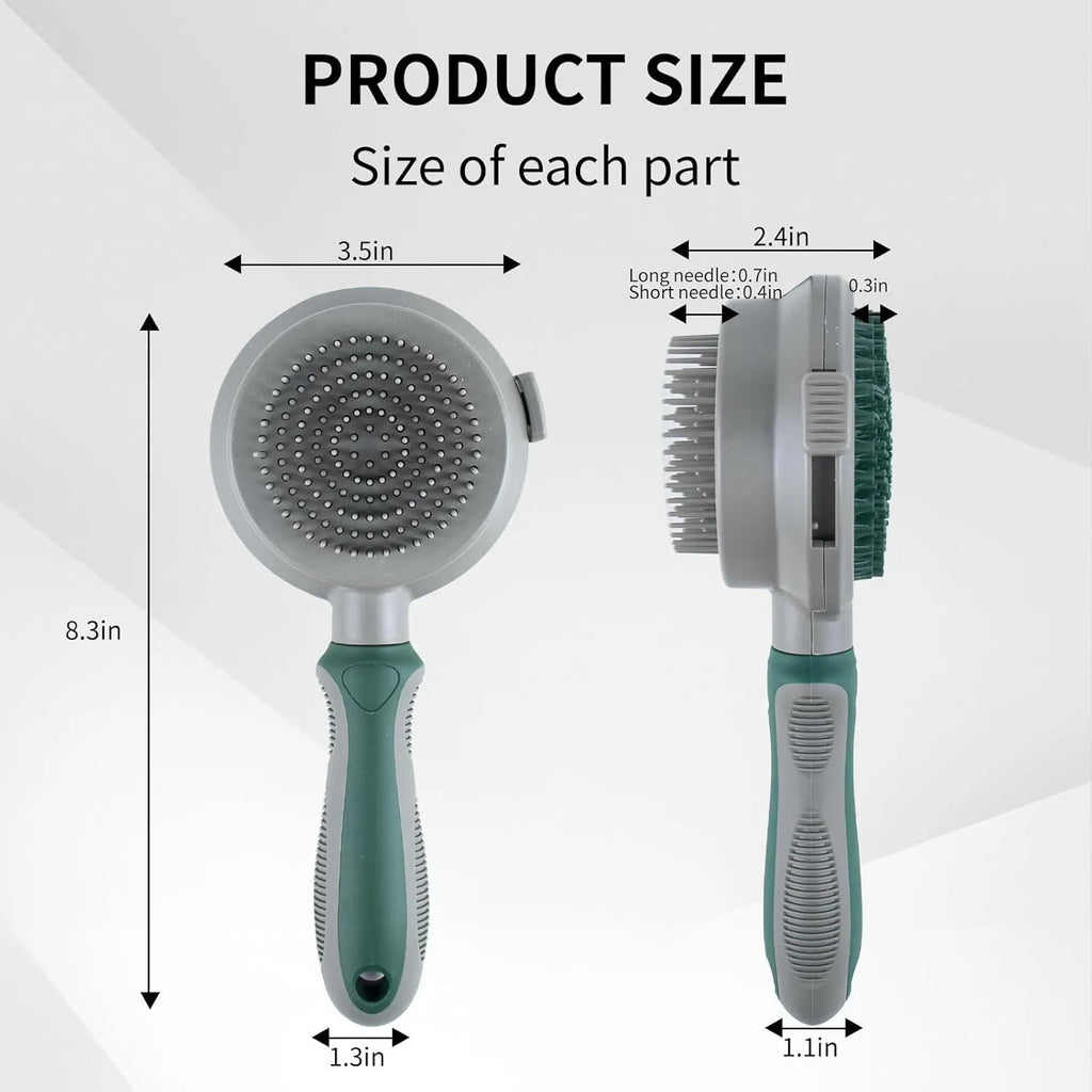 Green and pink dual-sided cat and dog brush with slicker comb and silicone massage head.