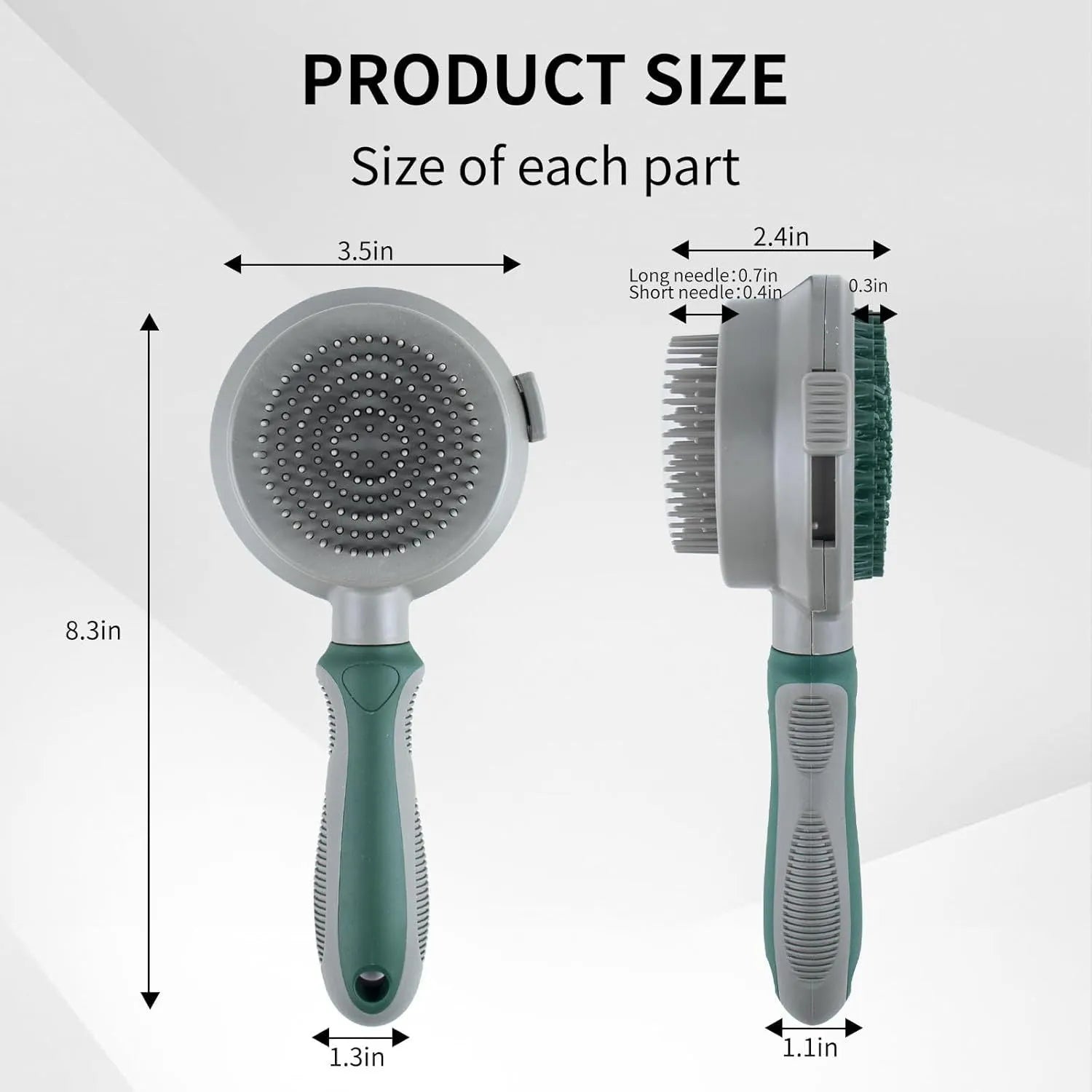 Green and pink dual-sided cat and dog brush with slicker comb and silicone massage head.