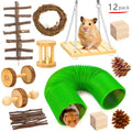 Assorted wooden chew toys for small pets including balls and mats on a neutral background.