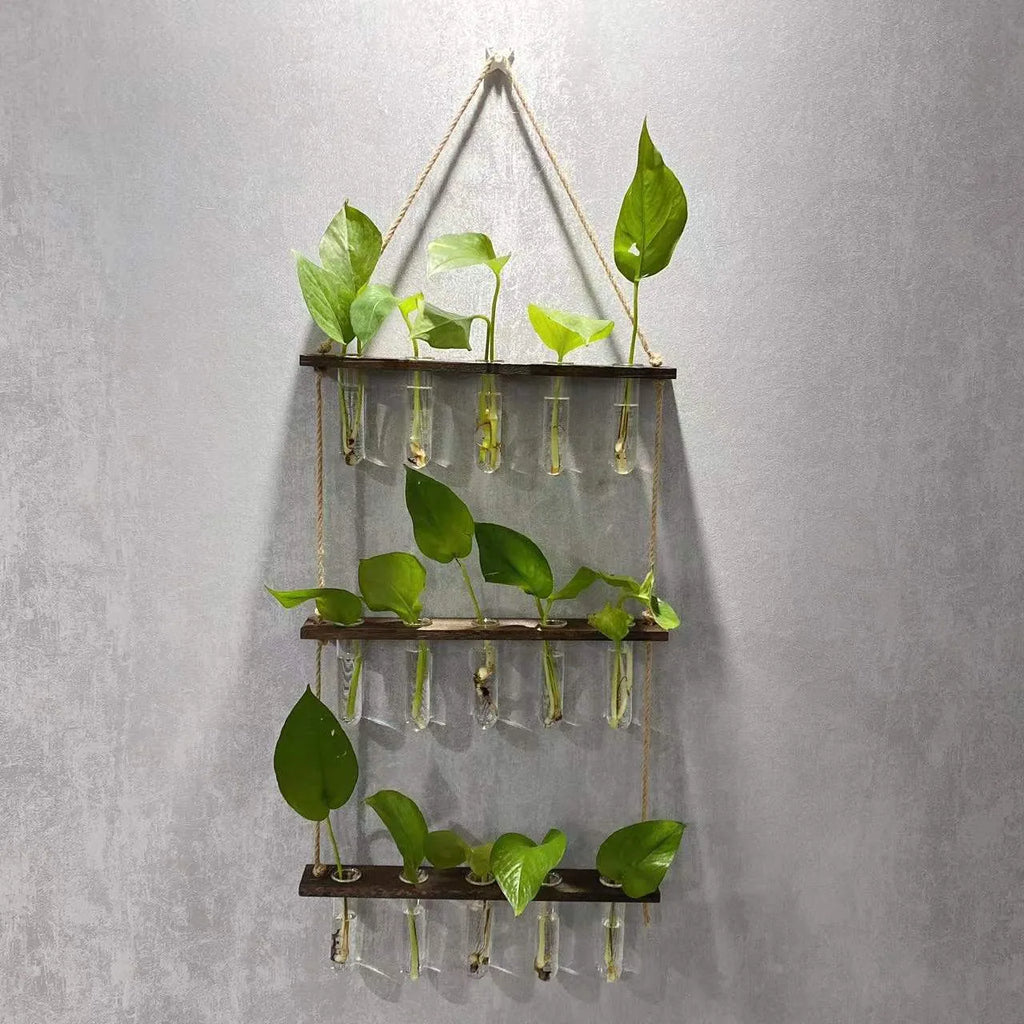 Three-layer 15-tube hydroponic wall hanging vase in retro colour with borosilicate glass and wooden frame