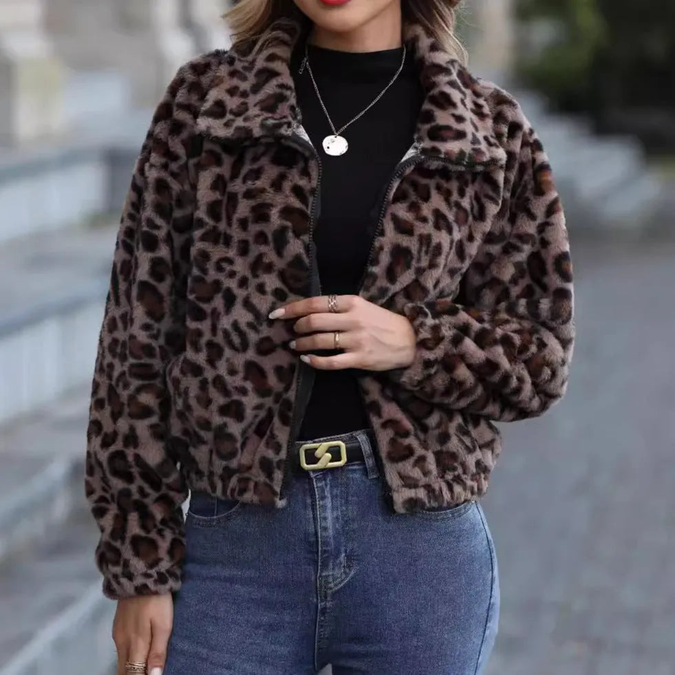 Women's loose-fit leopard print plush coat with long sleeves and a front zipper.