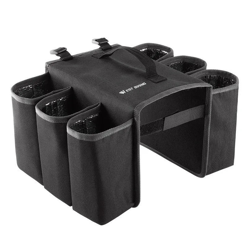 Black and orange bicycle handlebar bag for two drink bottles, made from 600D PVC material.
