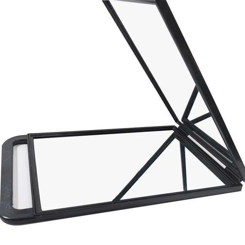 Double large folding hairdressing rearview mirror in black with HD double-sided reflective surface and plastic frame.