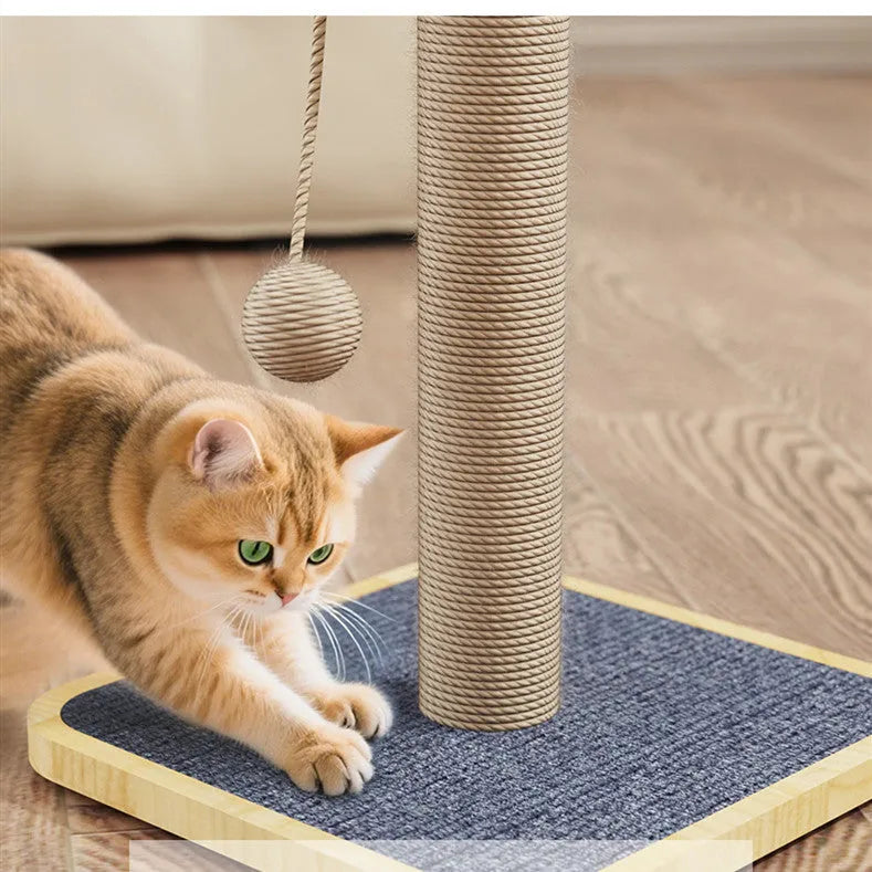 Windmill-shaped cat climbing frame with a hanging ball toy and carpet leather perches on a pine wood structure.