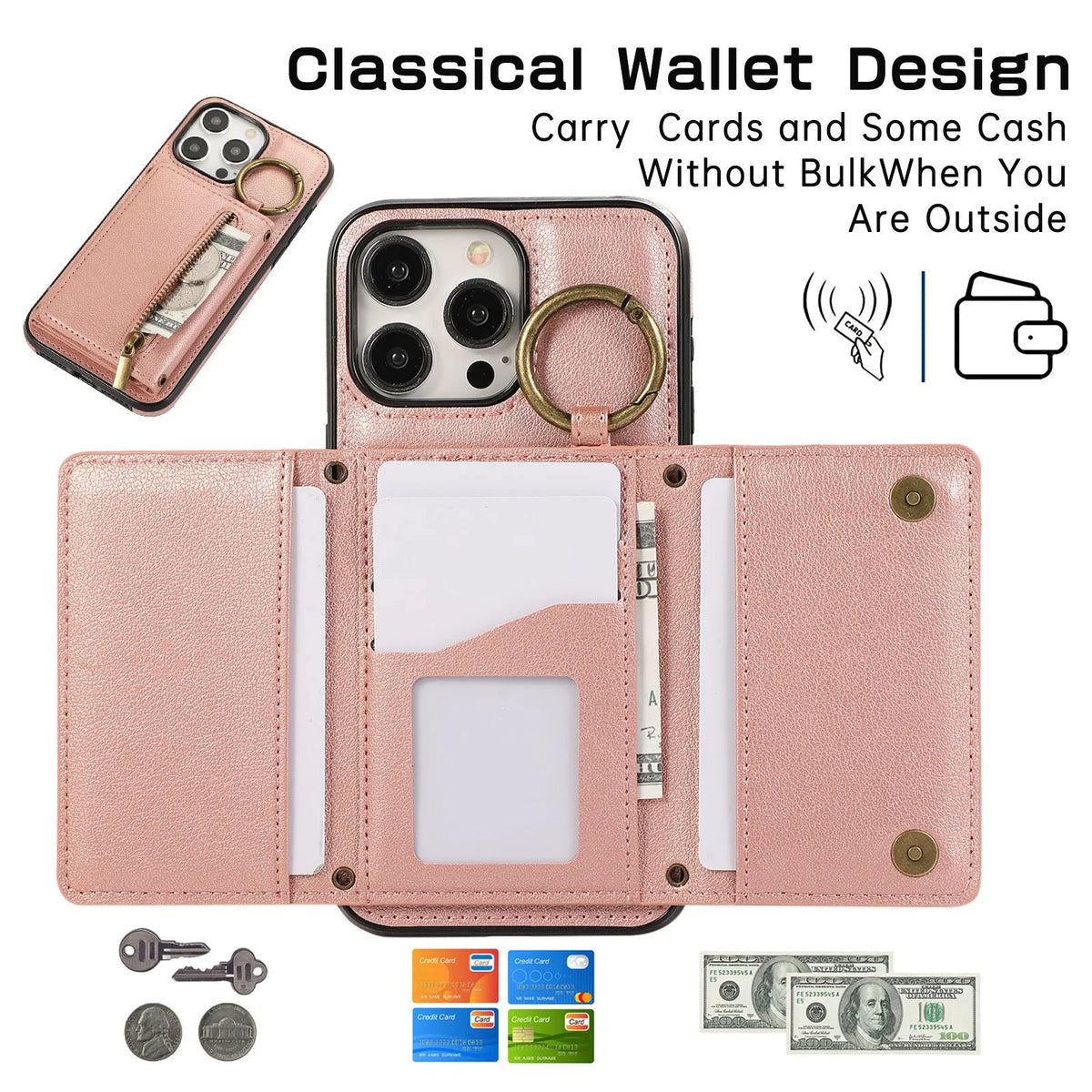 iPhone 16 crossbody phone case with tri-fold PU leather, card holder, ring bracket and zipper in black