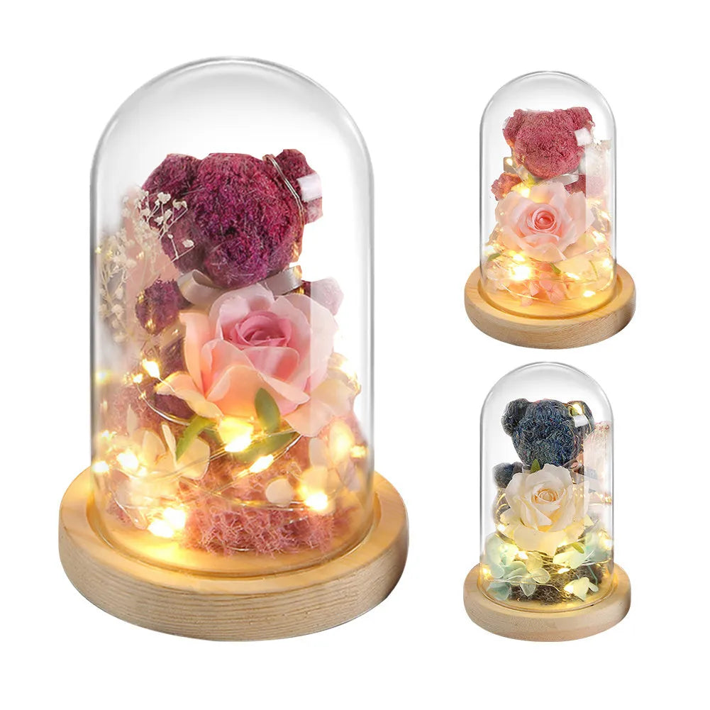 Preserved rose teddy bear ornament in glass dome with LED light, 11.5cm diameter and 16.8cm height