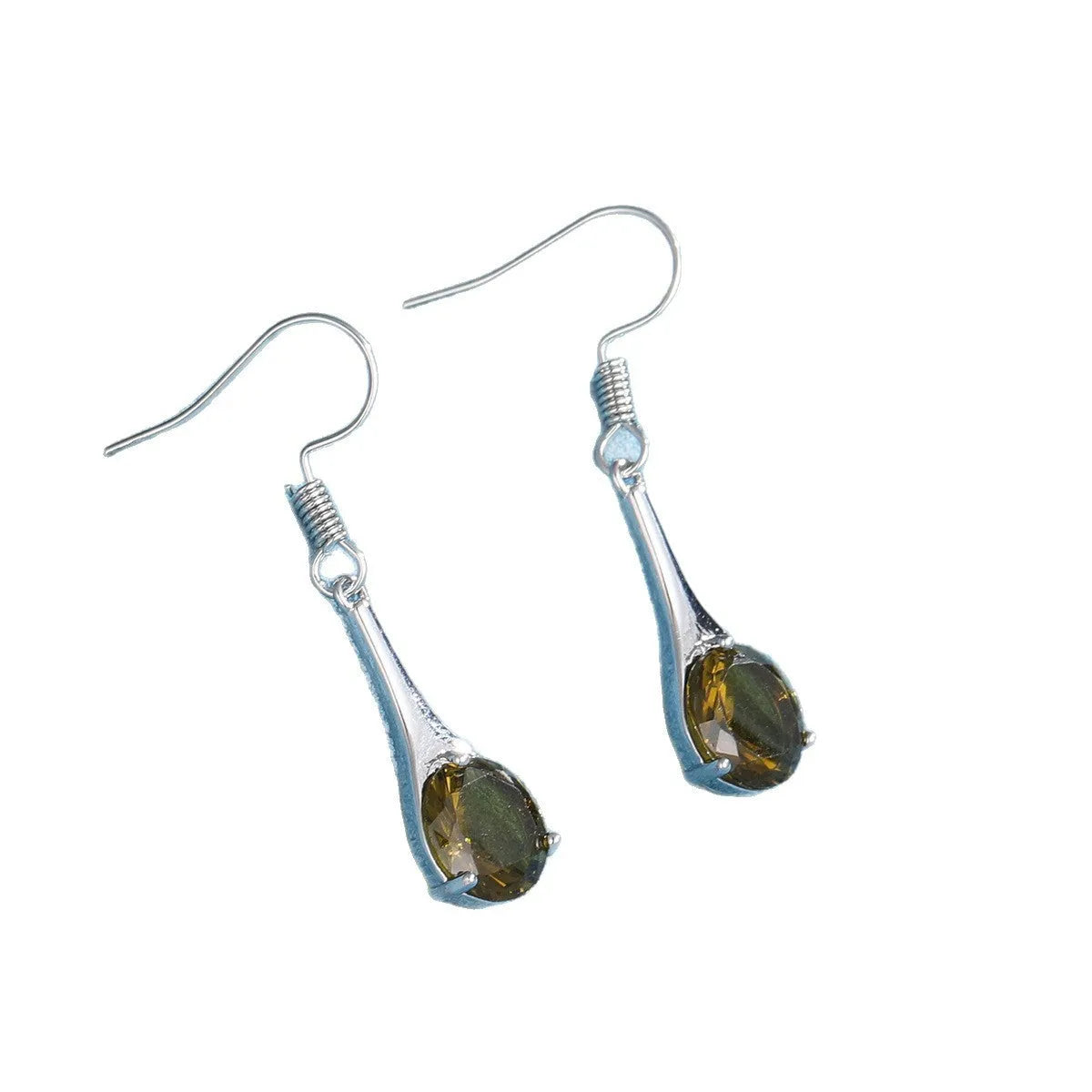 Olive green topaz coloured drop-shaped fashion earrings with a retro style on a white background.