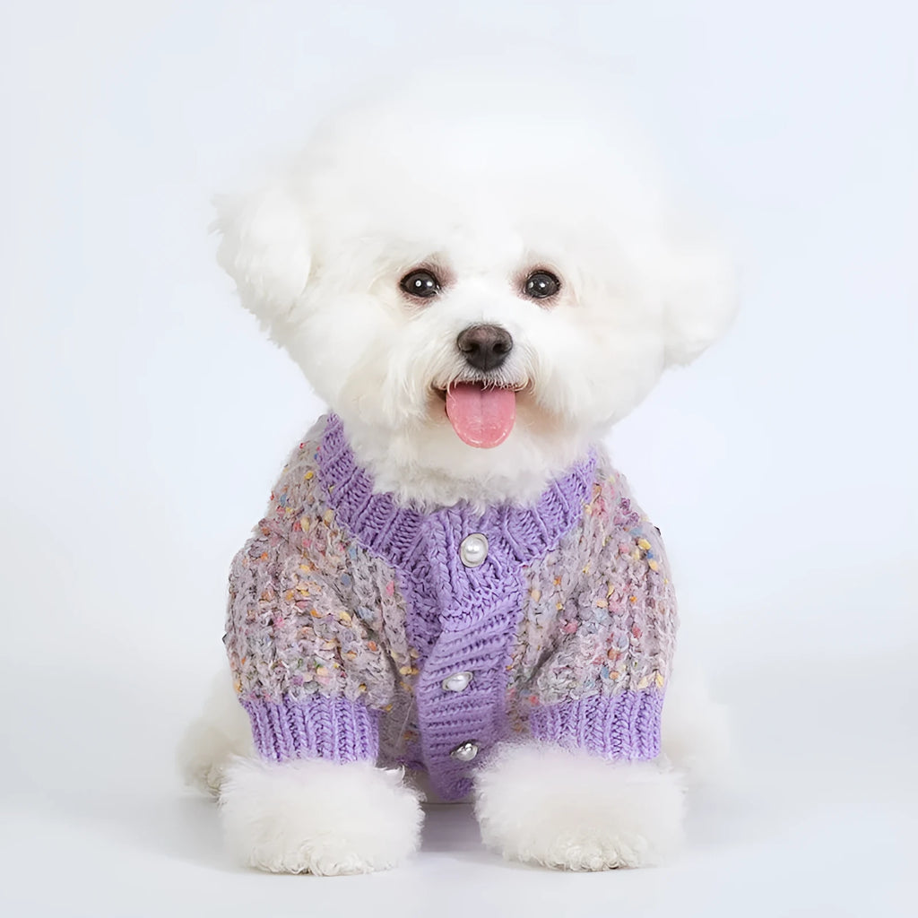 Purple dog sweater cardigan on pet hanger showing casual style and polyester fabric