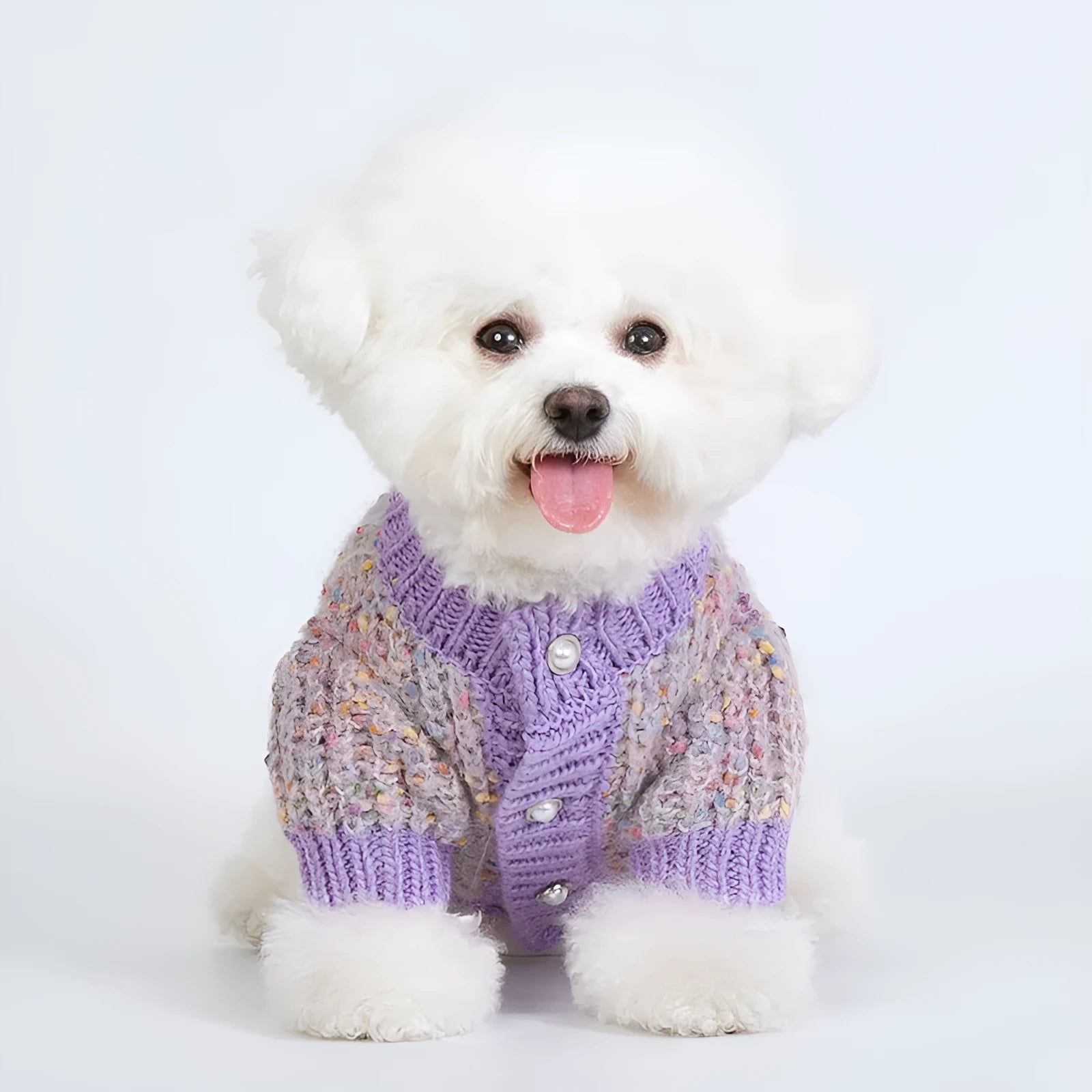 Purple dog sweater cardigan on pet hanger showing casual style and polyester fabric