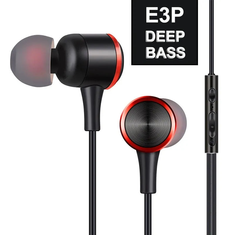 Wired in-ear gaming headset with 3.5mm plug, silicone ear tips, and built-in microphone, shown with storage box