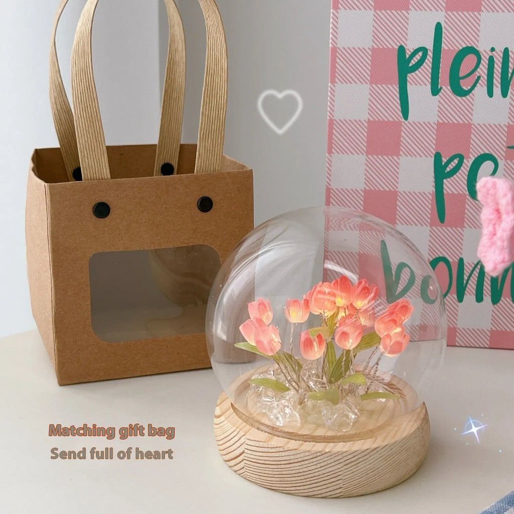 LED tulip artificial flower small night lamp battery powered in pink with DIY material packages