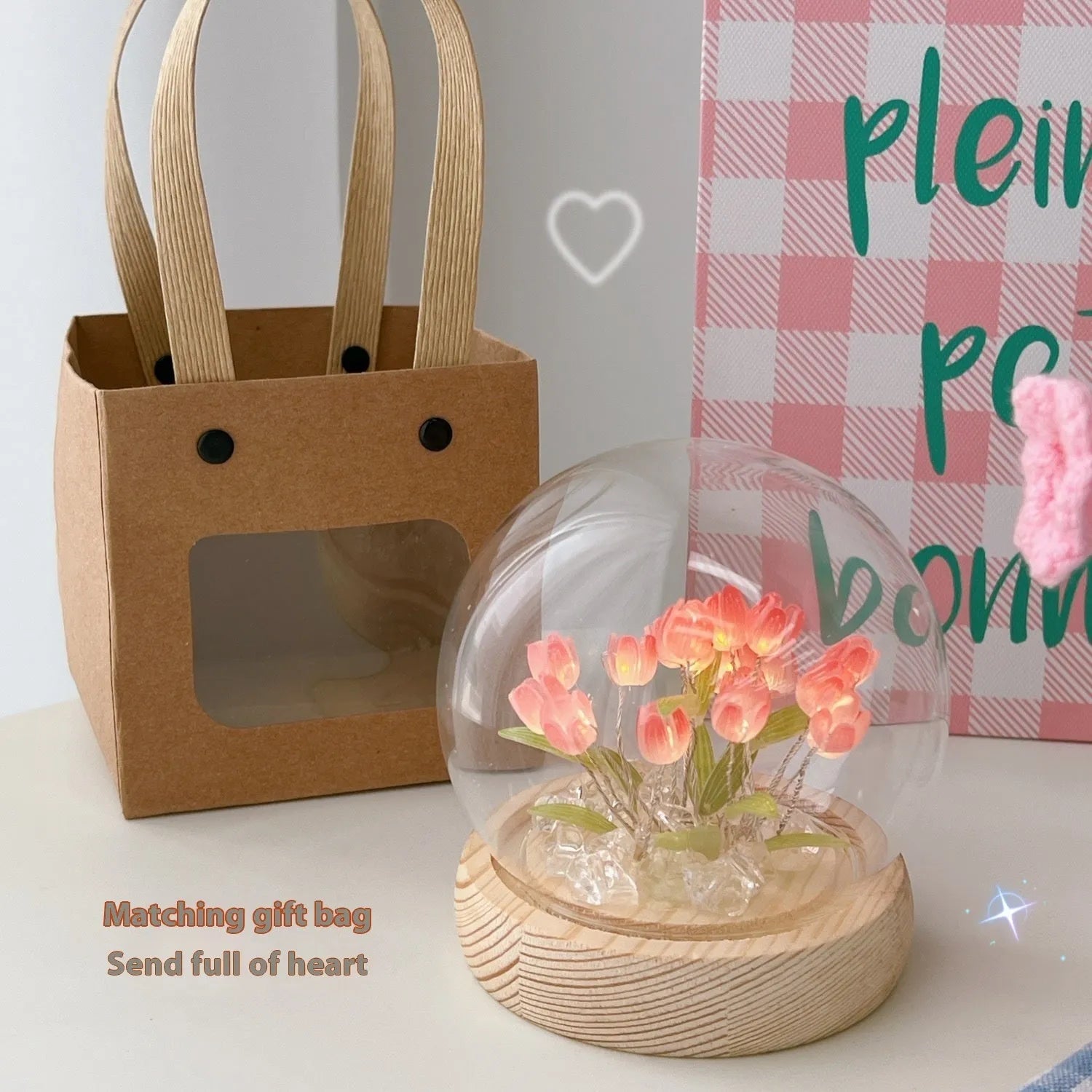 LED tulip artificial flower small night lamp battery powered in pink with DIY material packages