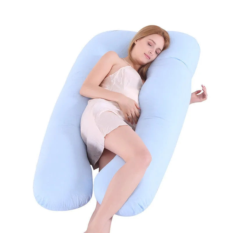 U-shaped pregnancy pillow in ice silk fabric shown in light blue colour, demonstrating its supportive shape.