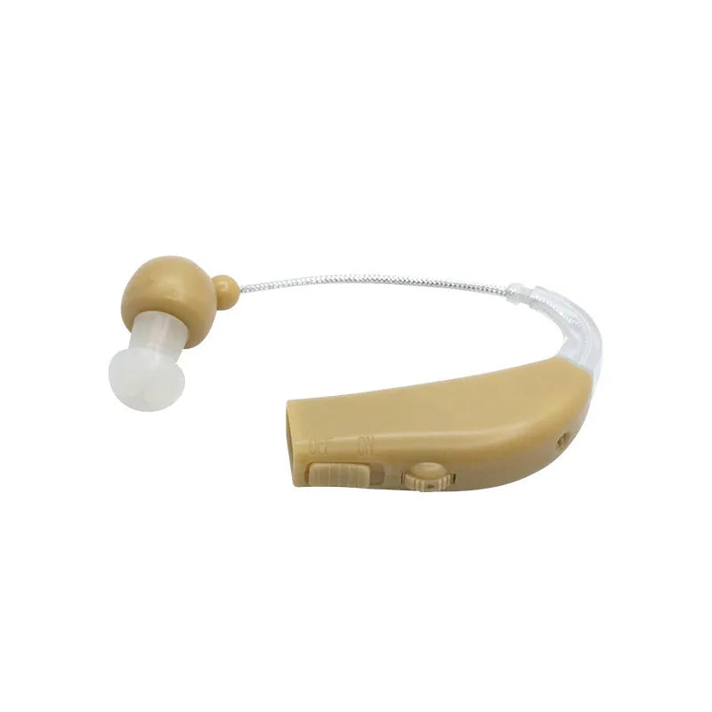 Black rechargeable hearing aid amplifier with silicone ear tips for elderly users