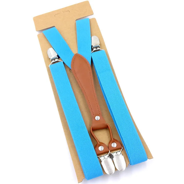 Candy colour suspender bow tie with elastic polyester ribbon, clip and snap button, 100-135cm adjustable length, unisex.