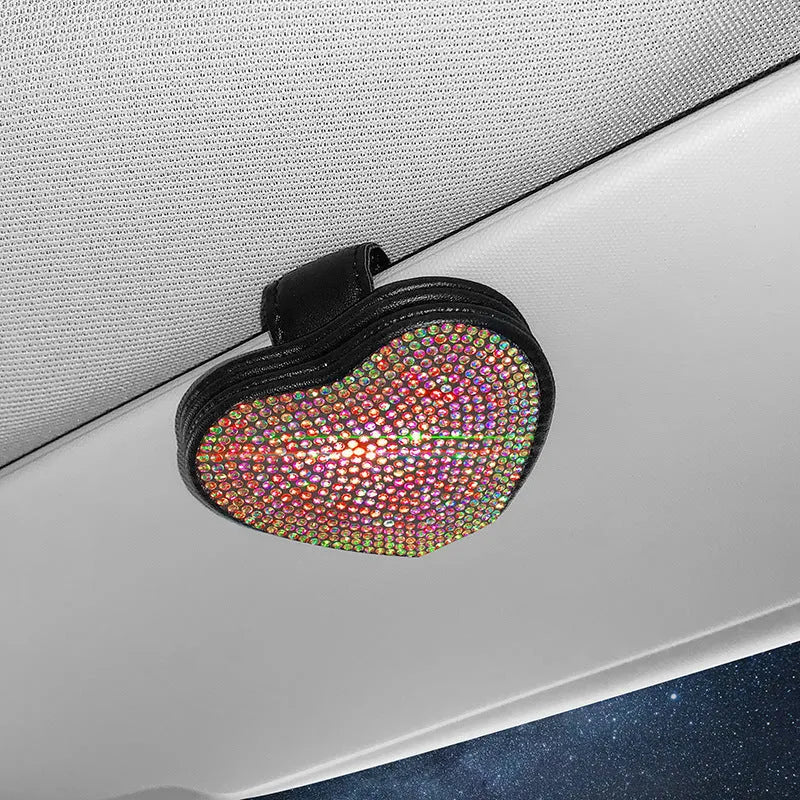 PU leather car sun visor clip with diamond pattern, holding sunglasses and cards.