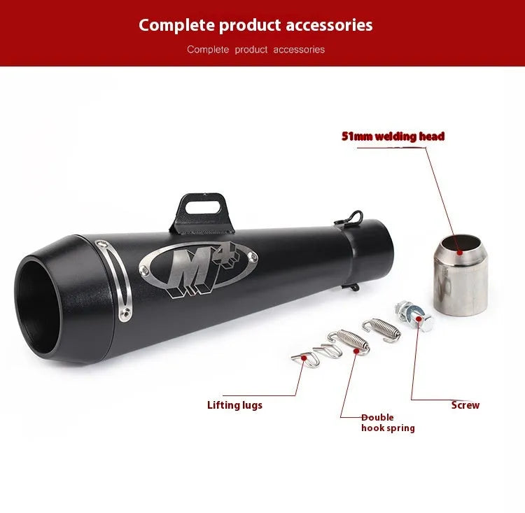 Universal M4 motorcycle exhaust pipe in stainless steel, shown in black finish with welded mounting brackets.