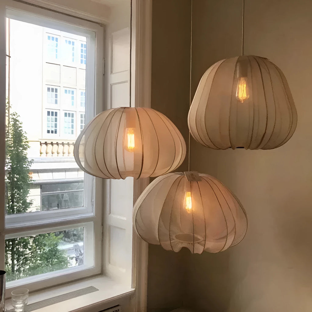 Japanese-style branching pendant lamp with a net pumpkin shade in grey blue.