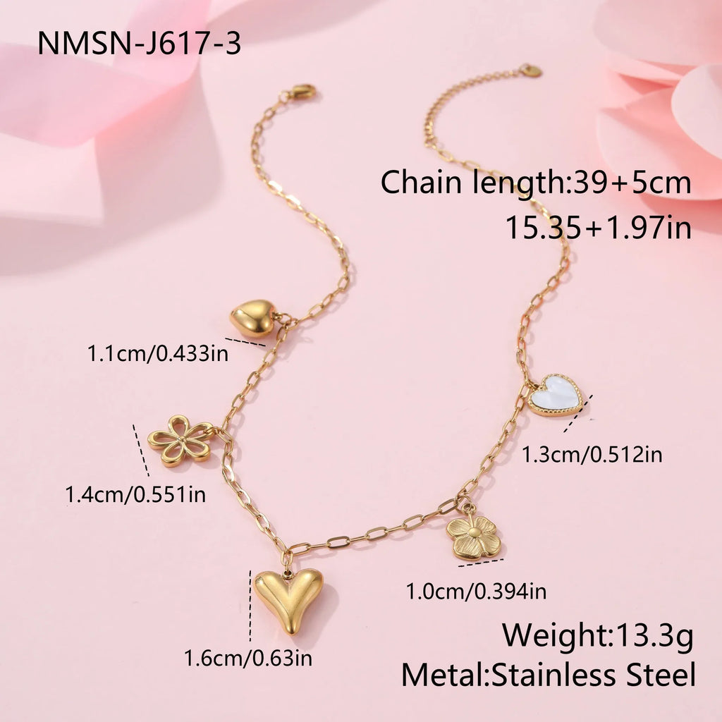 Stainless steel pendant necklace with 18K gold electroplating, showing heart and ribbon sun style options on an adjustable chain.