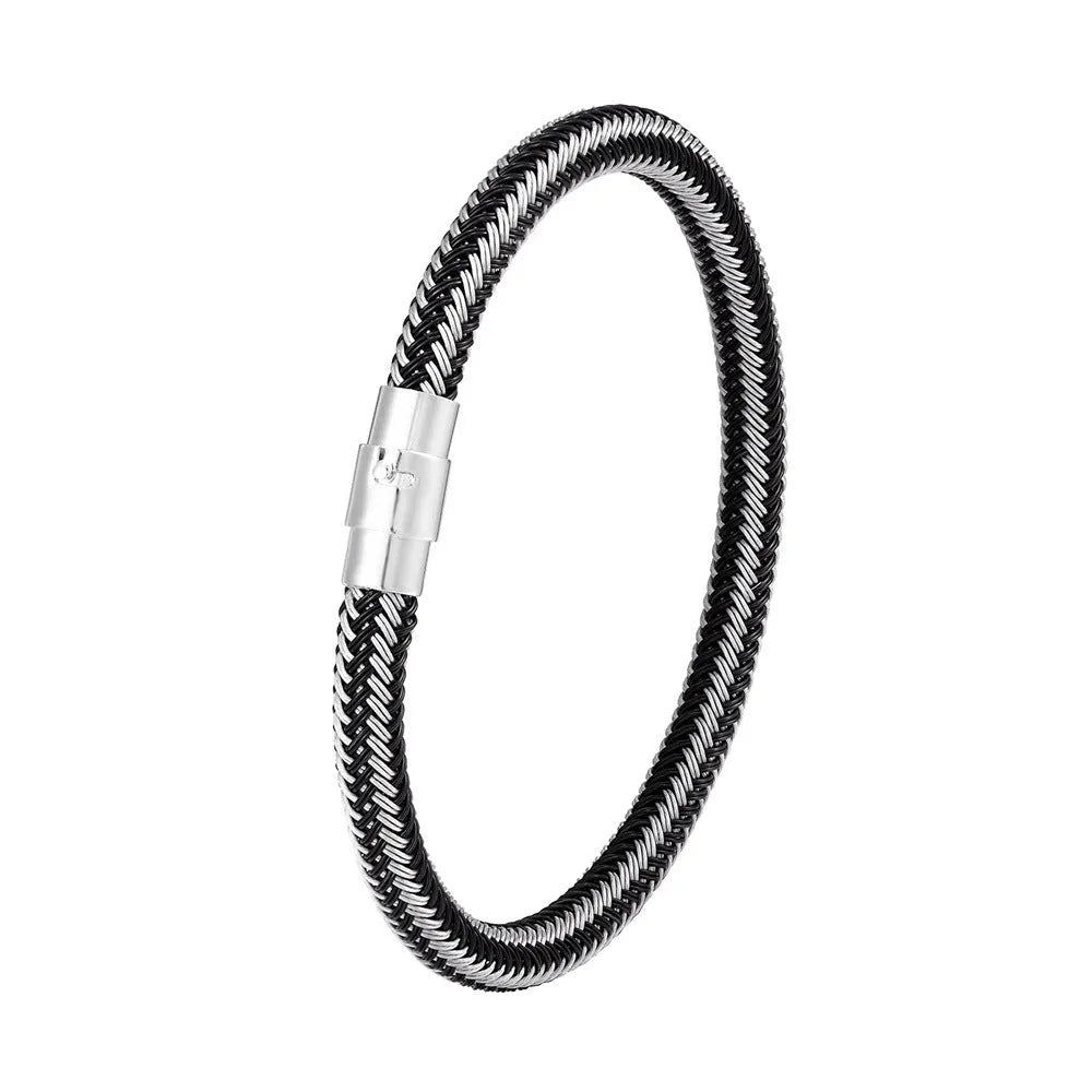 Geometric titanium steel bracelet with magnetic clasp shown on a wrist, demonstrating its unisex boyfriend style.