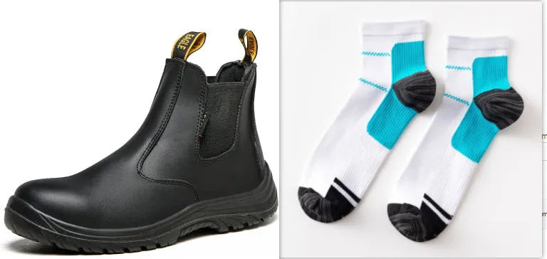 Black high-top leather safety work boots with anti-piercing sole protection.