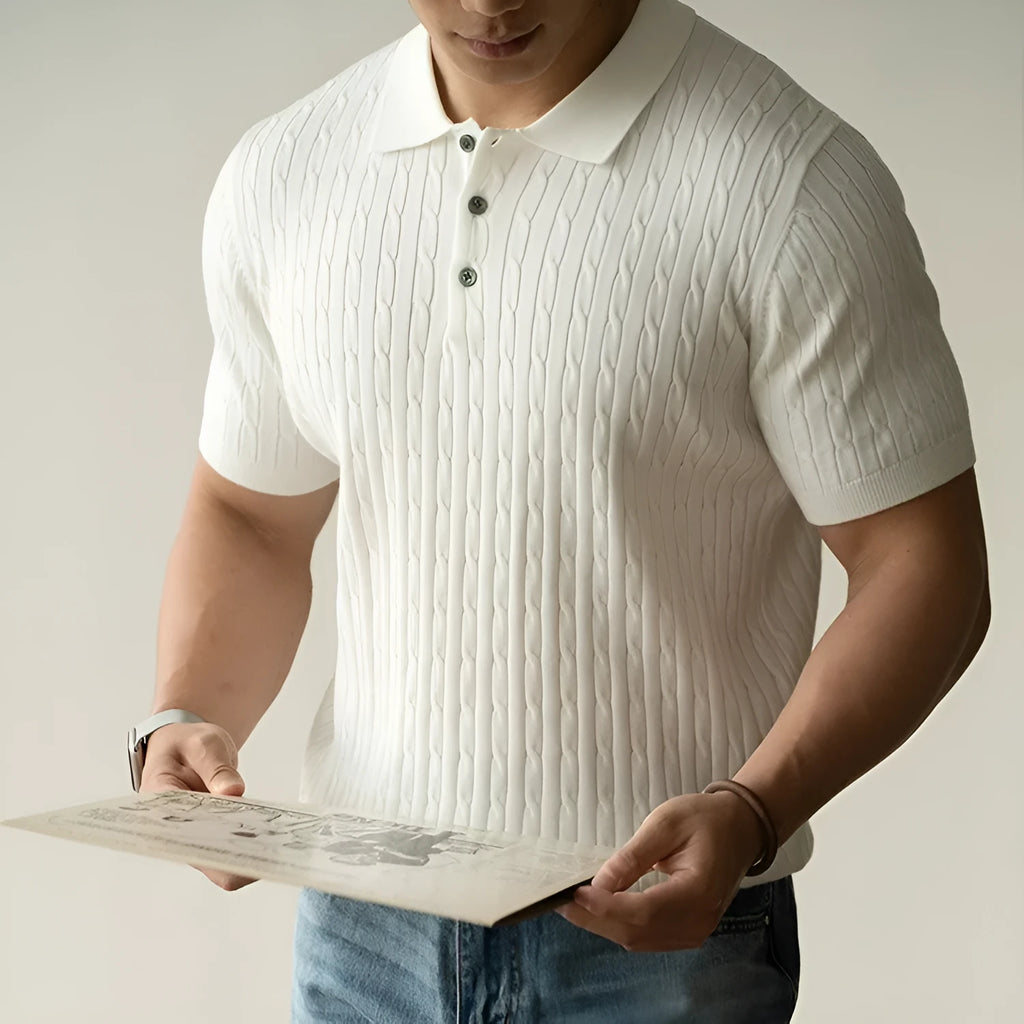 Men's short sleeve business top in khaki colour, shown on a hanger.