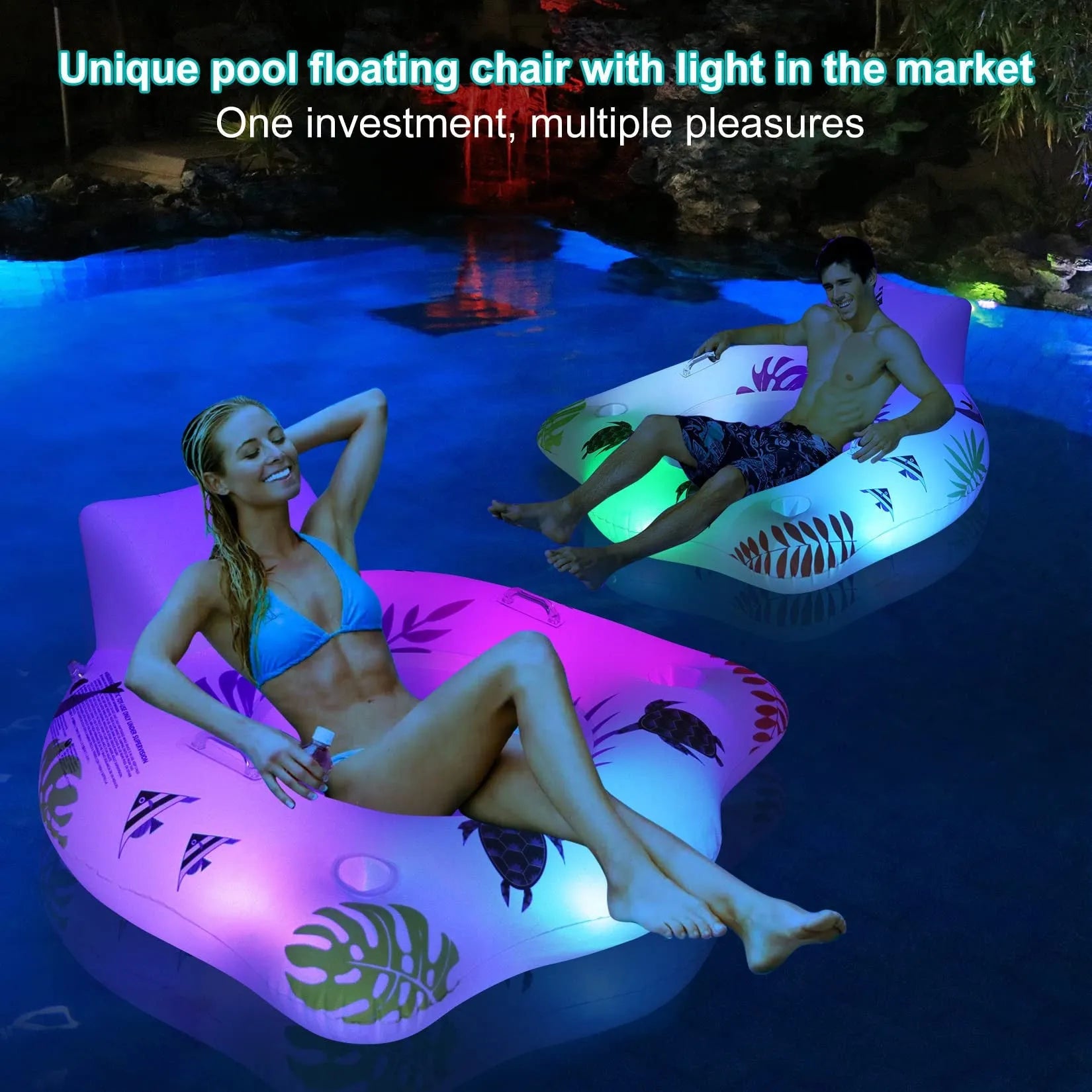 White U-shaped luminous inflatable float recliner on water, showing its 120cm size.