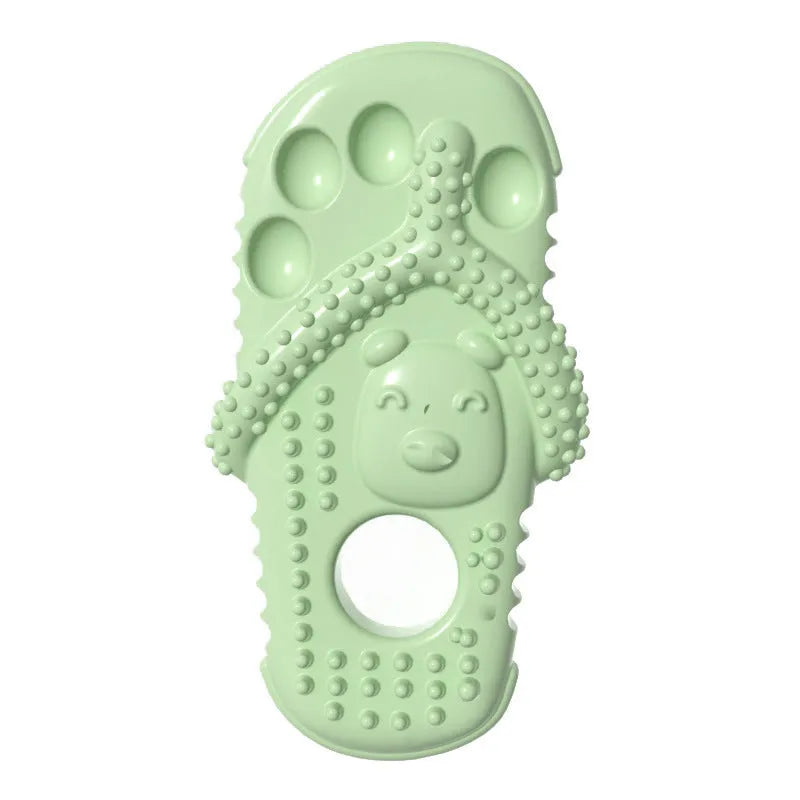 Blue rubber dog chewing toy shaped like a slipper with textured surface for dental cleaning