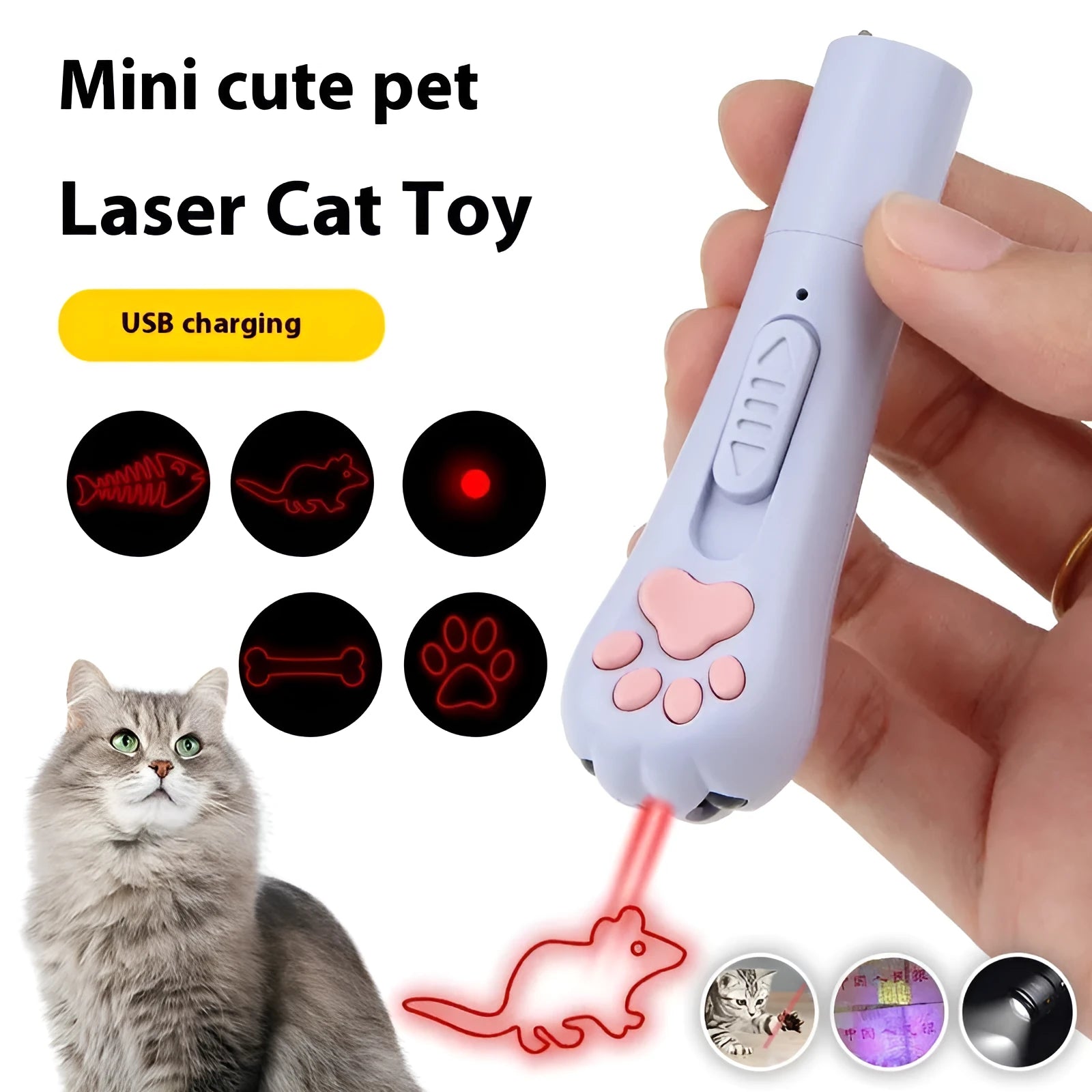 Small white infrared laser cat teasing stick with LED light, shown on a table with a USB charging cable.