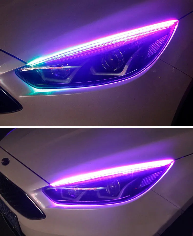 Remote control and flexible RGB LED daytime running light strip for cars in 30cm, 45cm, and 60cm sizes.