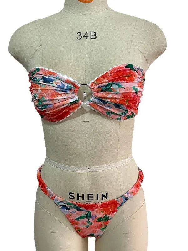 European American floral print swimwear bikini set with tube top and briefs in blue colour