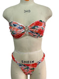 European American floral print swimwear bikini set with tube top and briefs in blue colour