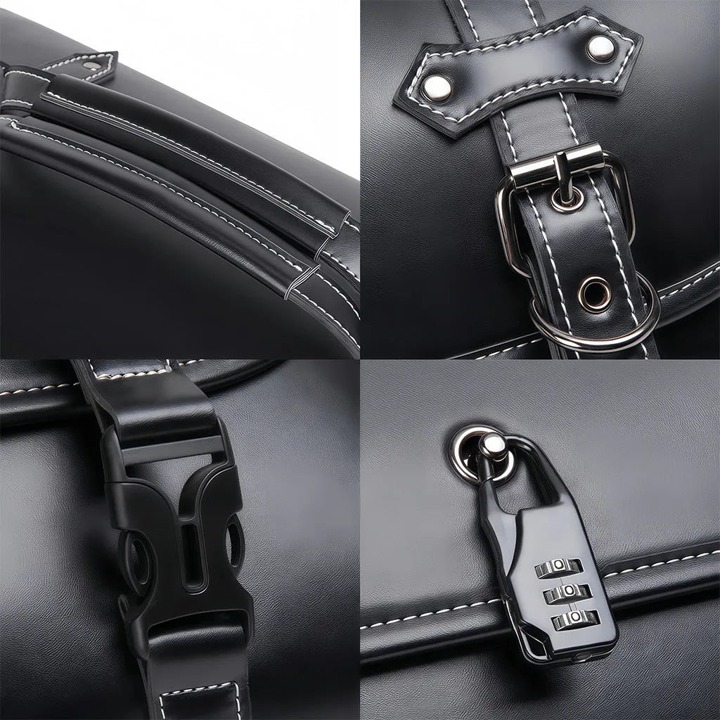 Single dark punk motorcycle side bag with a coded lock on a black background.