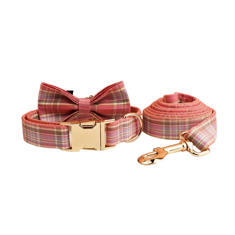 Plaid pattern dog collar and matching lead set with bandana accessory in multiple colour options