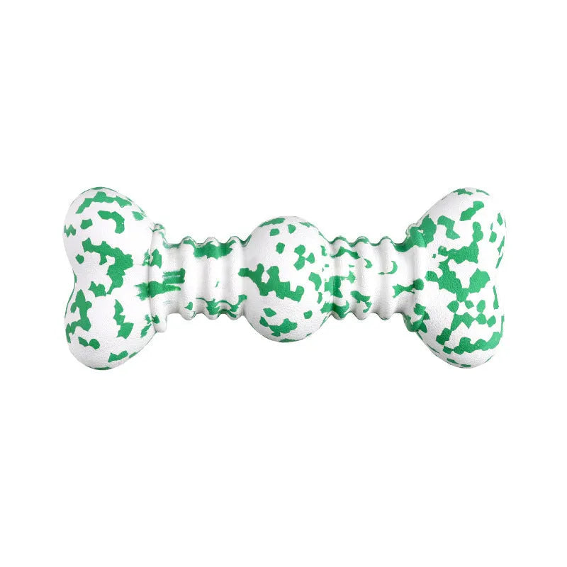 Natural rubber bone-shaped dog chew toy in camouflage pattern for large breed aggressive chewers.