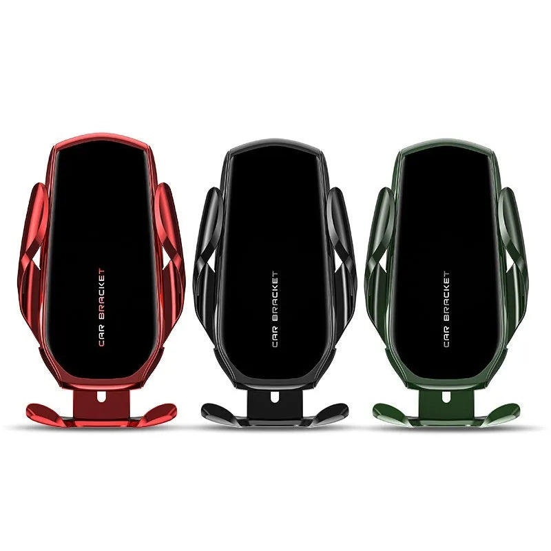 Car phone holder with wireless charging clipped to air vent, black colour