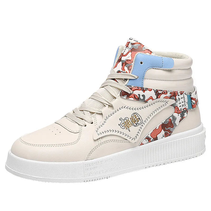 Teenagers high-top sneakers in beige with lace-up closure PU upper and rubber sole