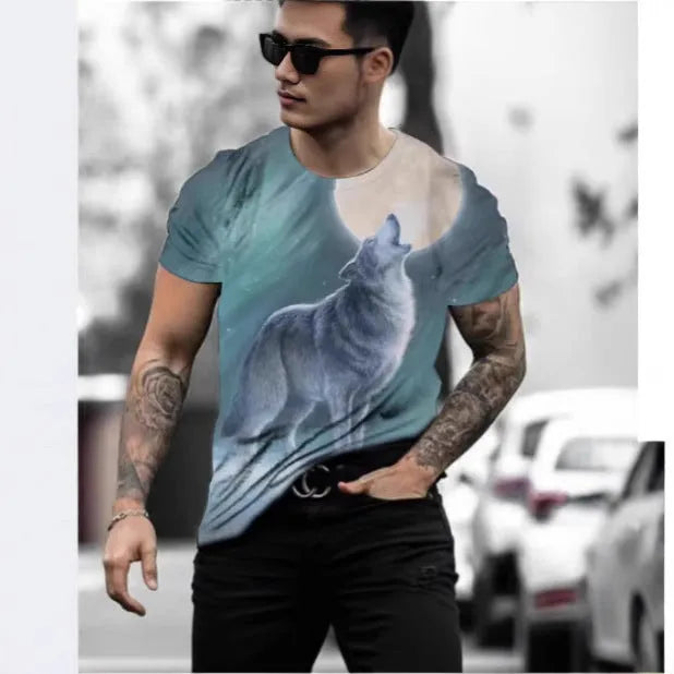 Men's grey short-sleeved T-shirt with a colourful retro 3D digital print of a wild animal on the front.