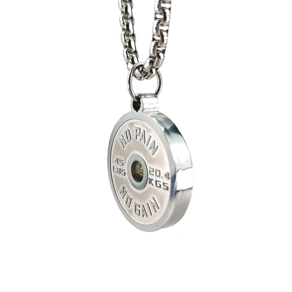 Stainless steel barbell disk necklace with geometric pendant on a choice of 60cm chain