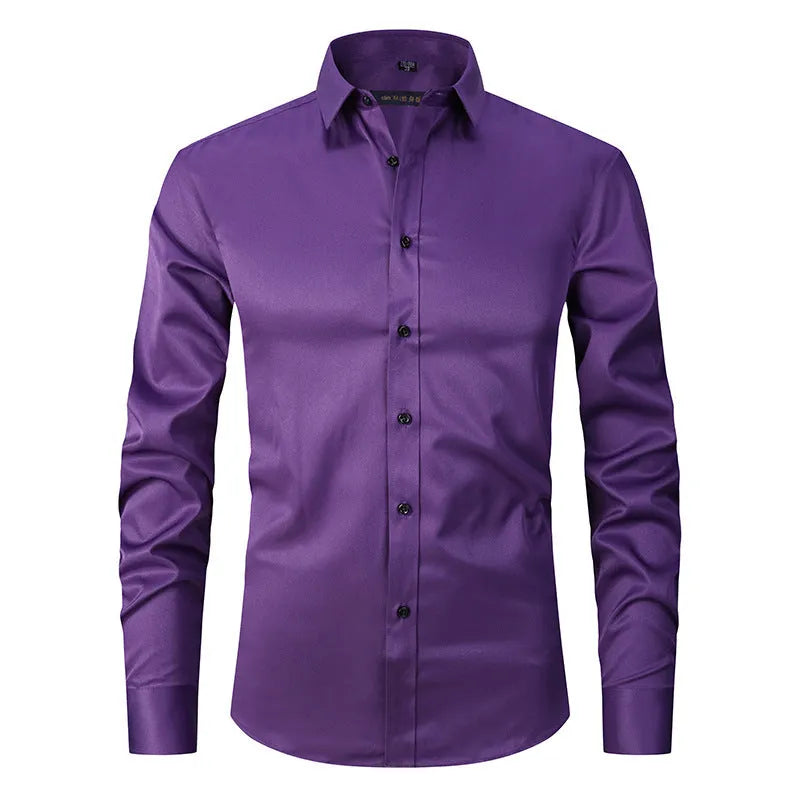 Men's stretch long sleeve work shirt in a blue colour variant on a hanger.