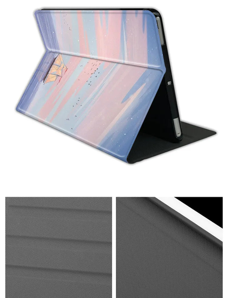 Silicone book-style iPad cover with dreamy painting style sailing motif, fits many iPad models