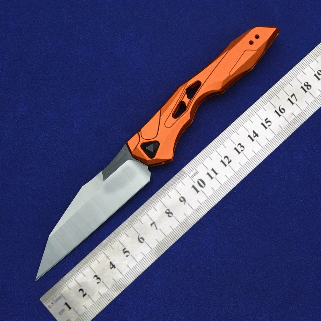 Black folding fruit knife with D2 steel blade and aluminium handle, shown open with measurements.
