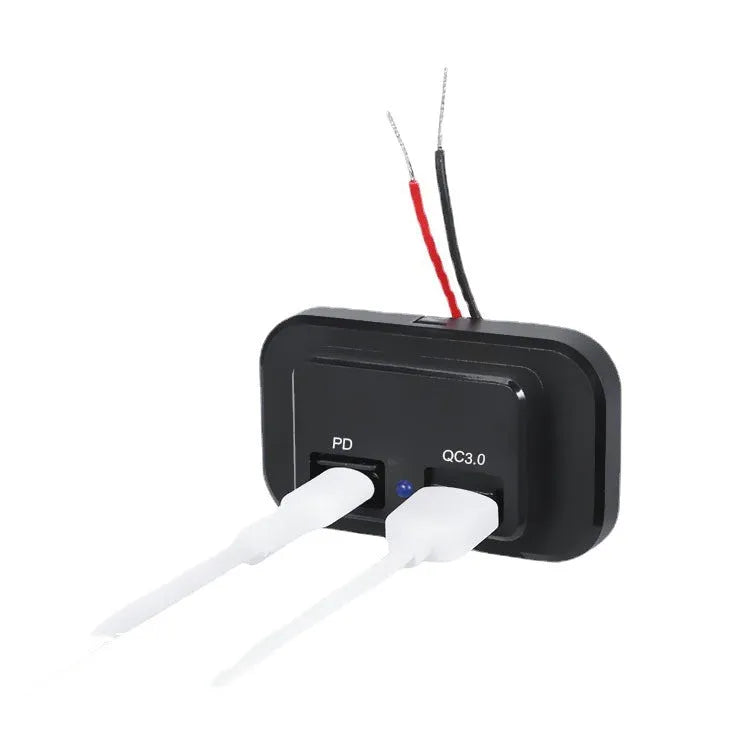 Black QC3.0 and PD fast car charger with Type-C port for 12V sockets.