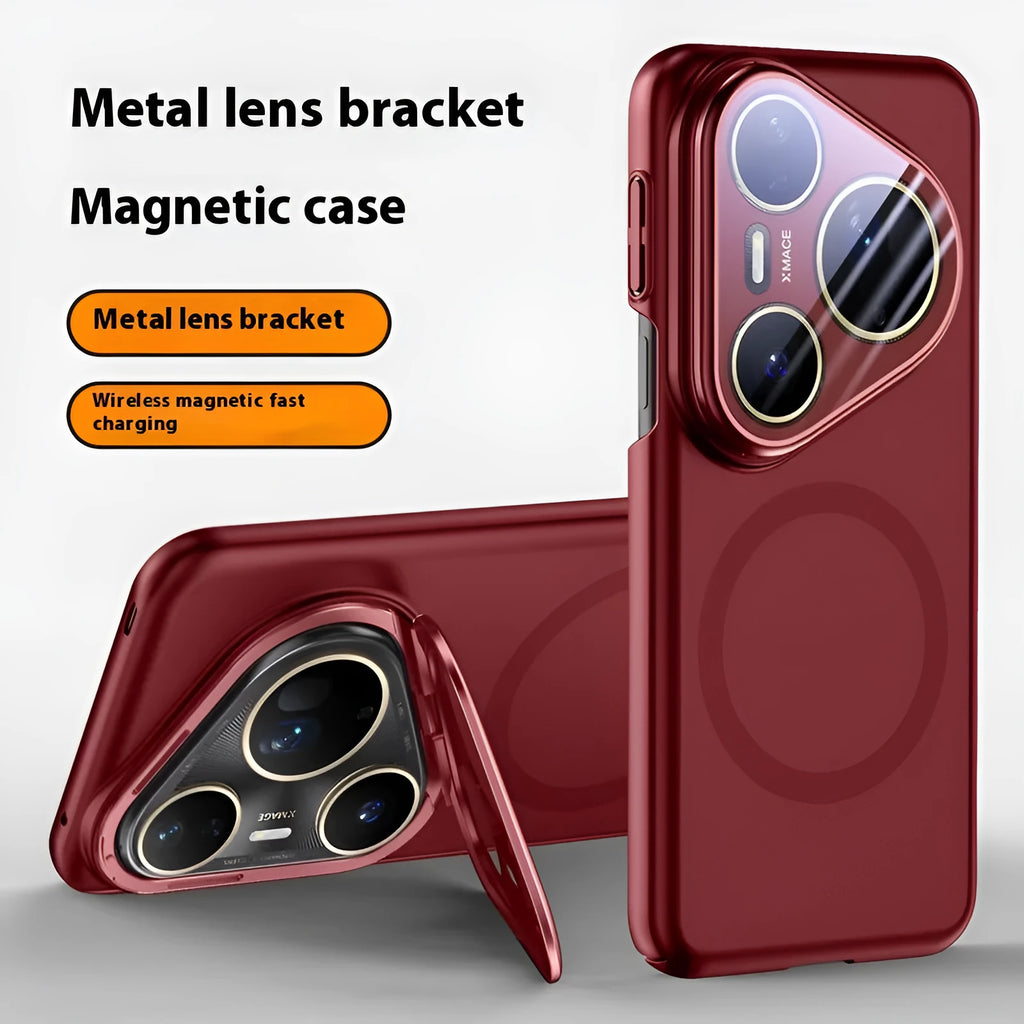 Frosted Huawei P80pro phone case with integrated magnetic lens bracket on the back, shown in black colour.