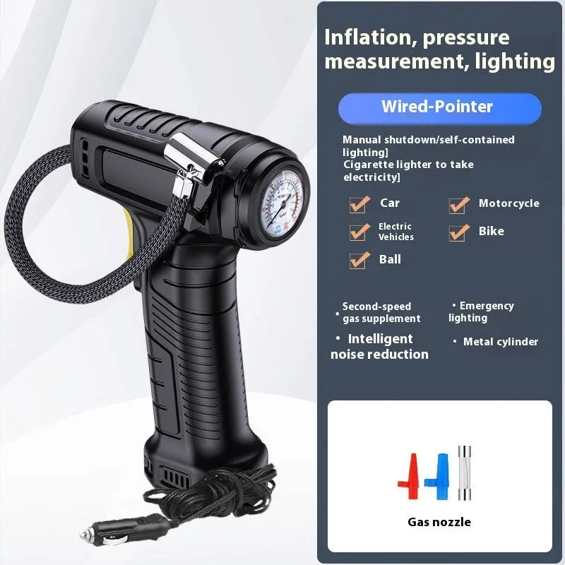 120W handheld inflator with digital display, lighting, ABS alloy body, 160 x 60 x 230 mm, DC12V, 20L/min airflow, air nozzle